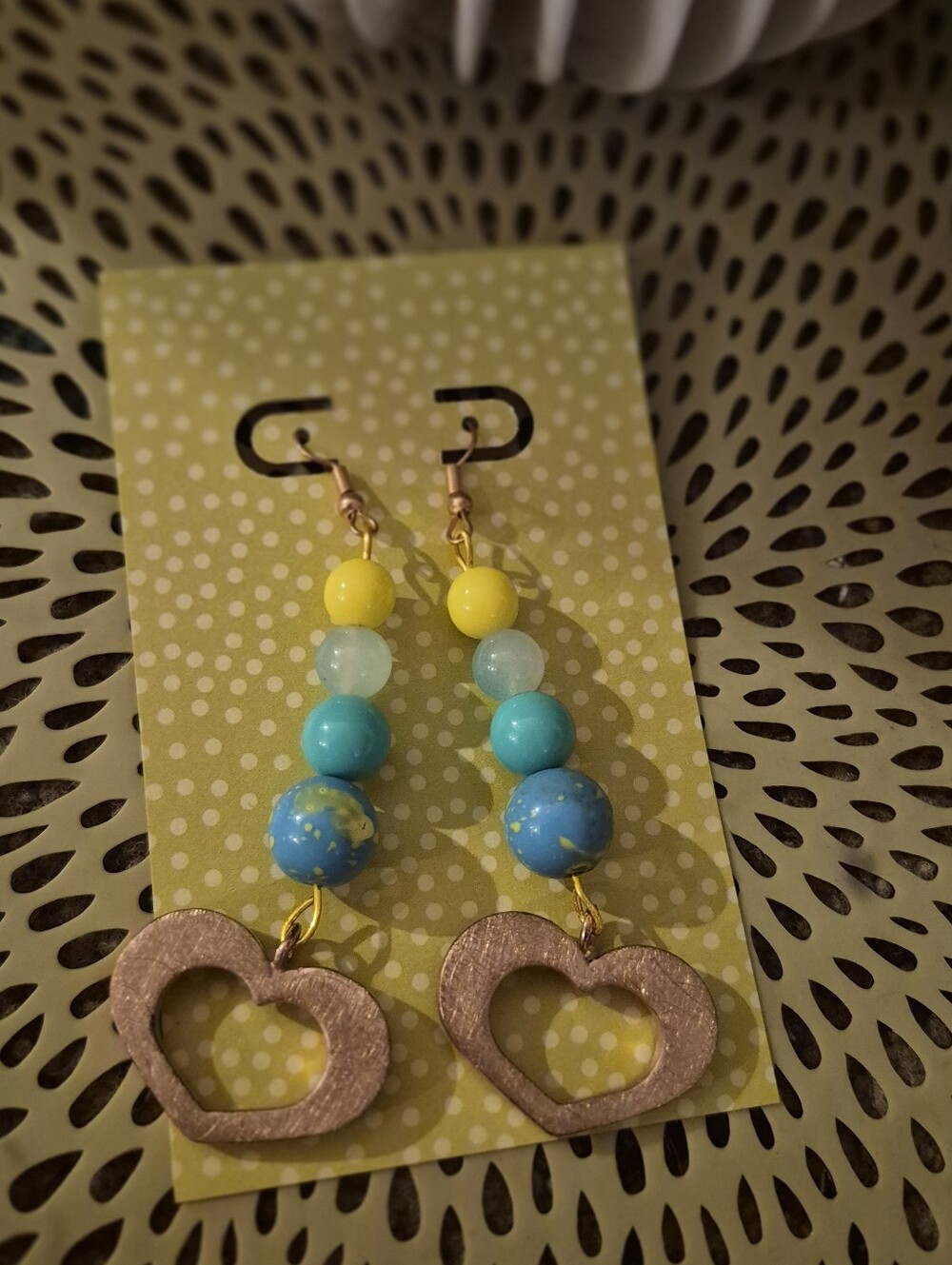 Handcrafted Yellow & Blue Beaded Heart Dangle Earrings